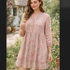 J. Jill A-Line Paisley Peasant Dress Coral Pink Boho Size XLP